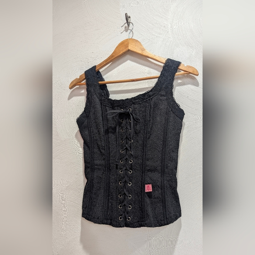 (SOLD) Vintage Black Filigree Jacquard Corset Top